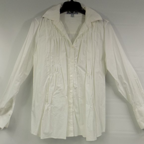 Foxcroft Shaped Stretch Ruched Button Front Collared Boho Style Blouse Size 8 - Picture 1 of 10